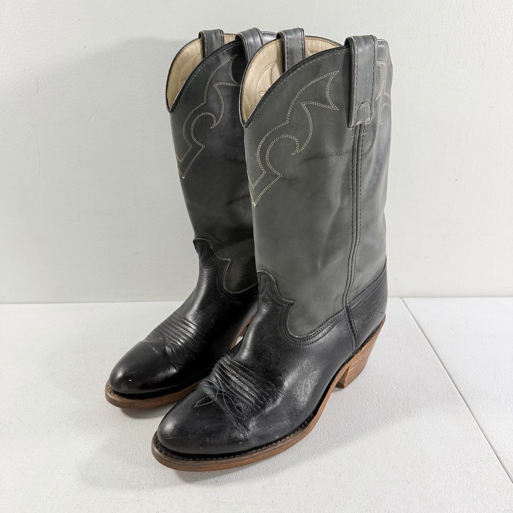 Vintage Acme Dingo Men's 8.5 D Black Gray Leather Cowboy Boots 5965 Embroidered